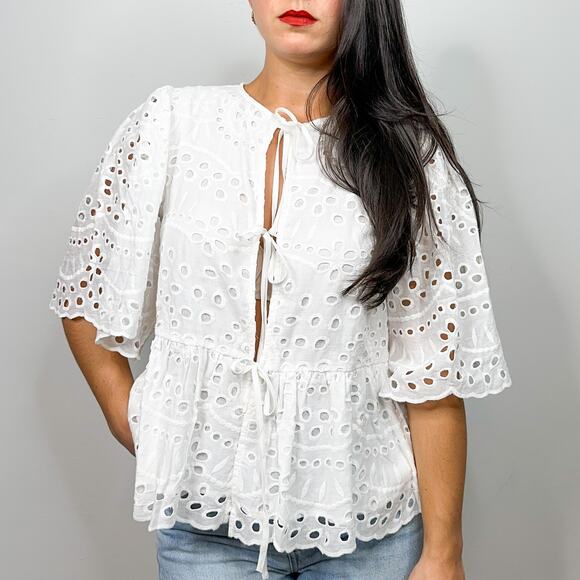 Love Wednesday White Eyelet Tie Front Flutter Sleeve Blouse - Picture 1 of 7